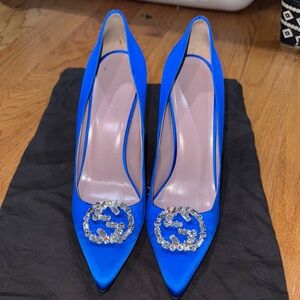 Gucci Blue Satin Crystal Interlocking G Pointe Toe Pumps Size 40